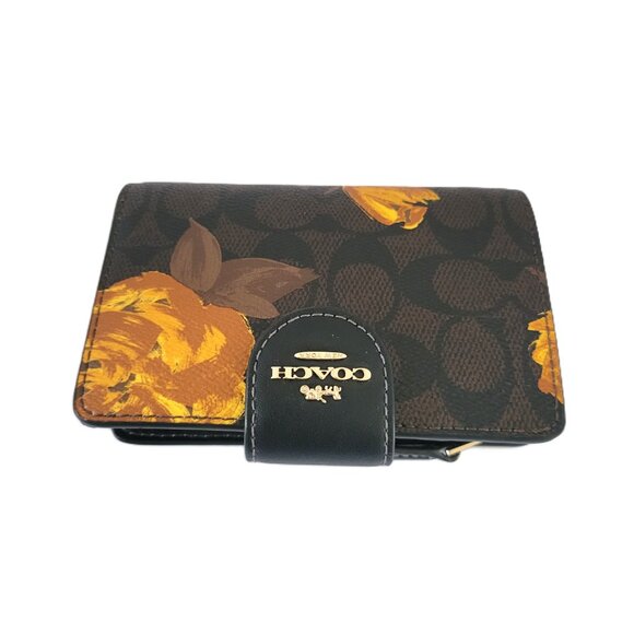 Coach CCL69 Medium Corner Zip Signature Floral Print Bifold Wallet Walnut Black - Picture 6 of 8